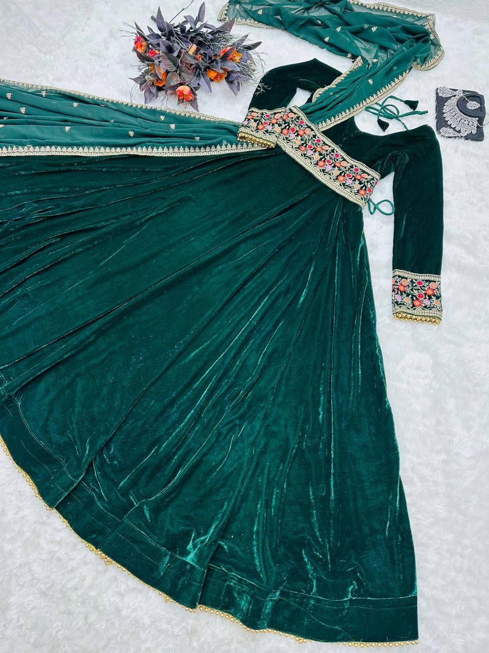 Teal Green Velvet Embroidery Salwar Suit with Dupatta - Indiakreations