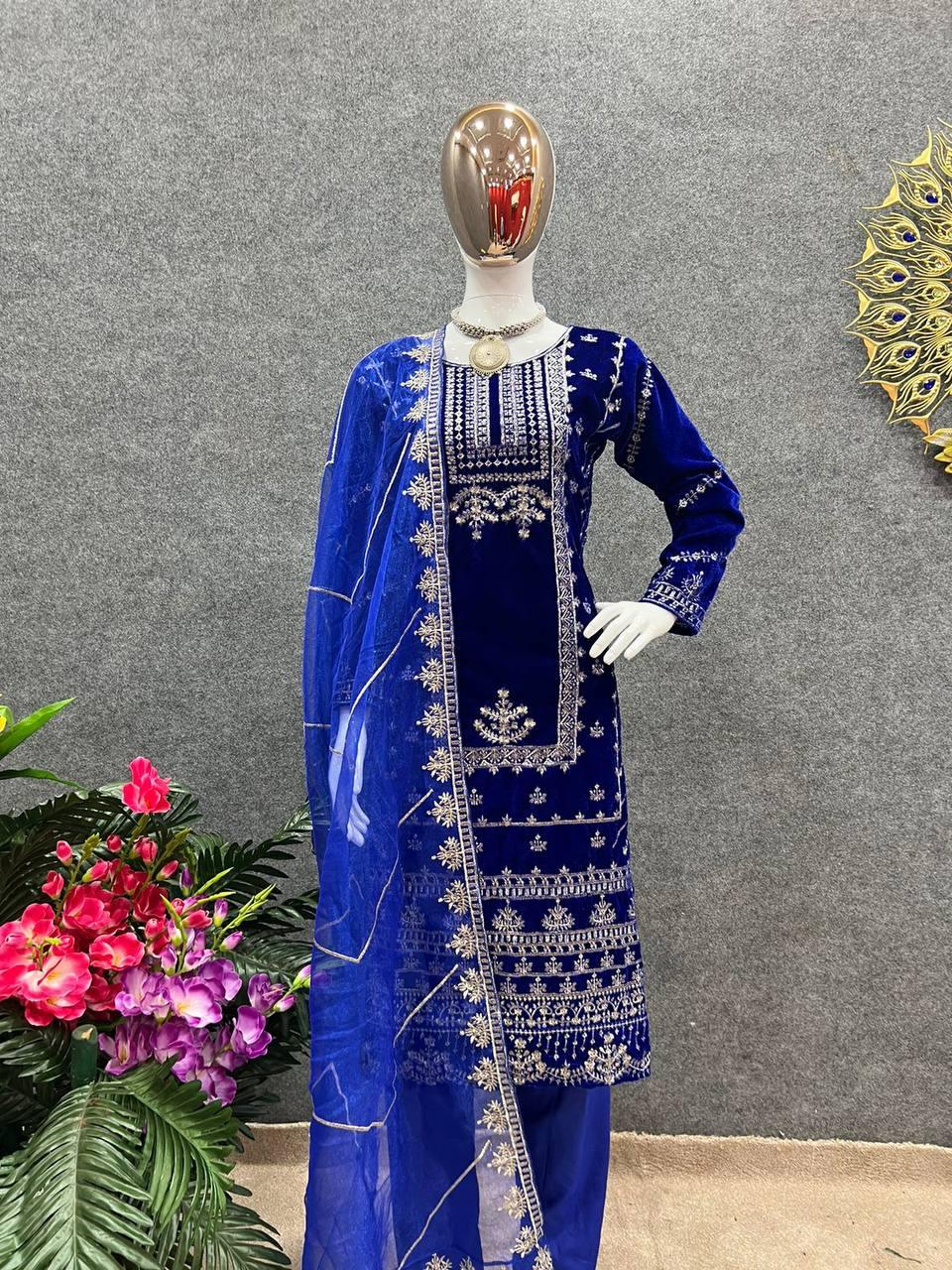 Royal Blue Velvet Embroidery Salwar Suit with Dupatta - Indiakreations