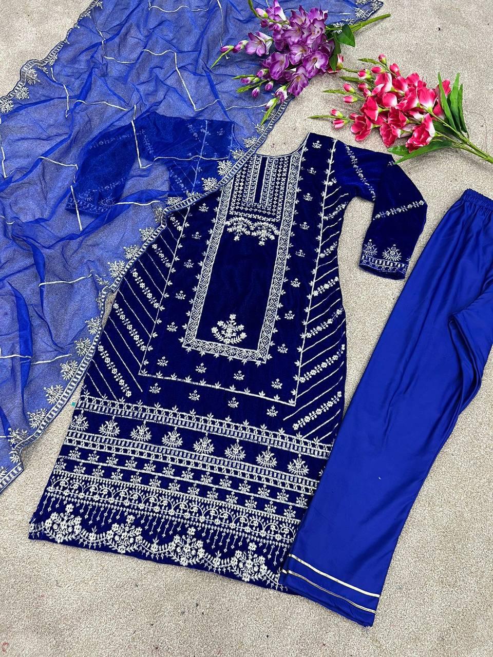 Royal Blue Velvet Embroidery Salwar Suit with Dupatta - Indiakreations