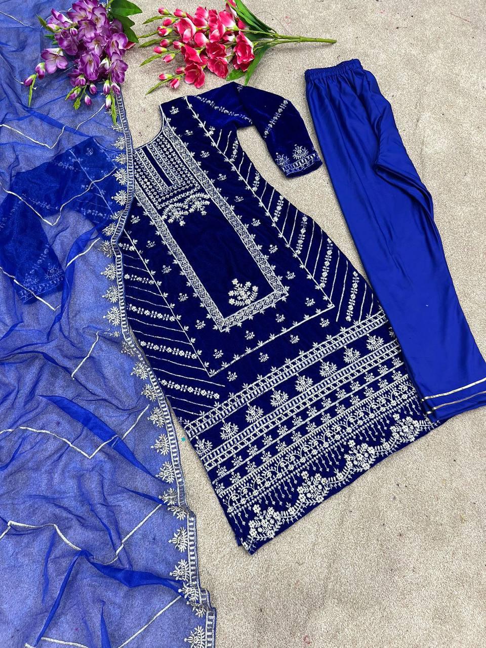 Royal Blue Velvet Embroidery Salwar Suit with Dupatta - Indiakreations