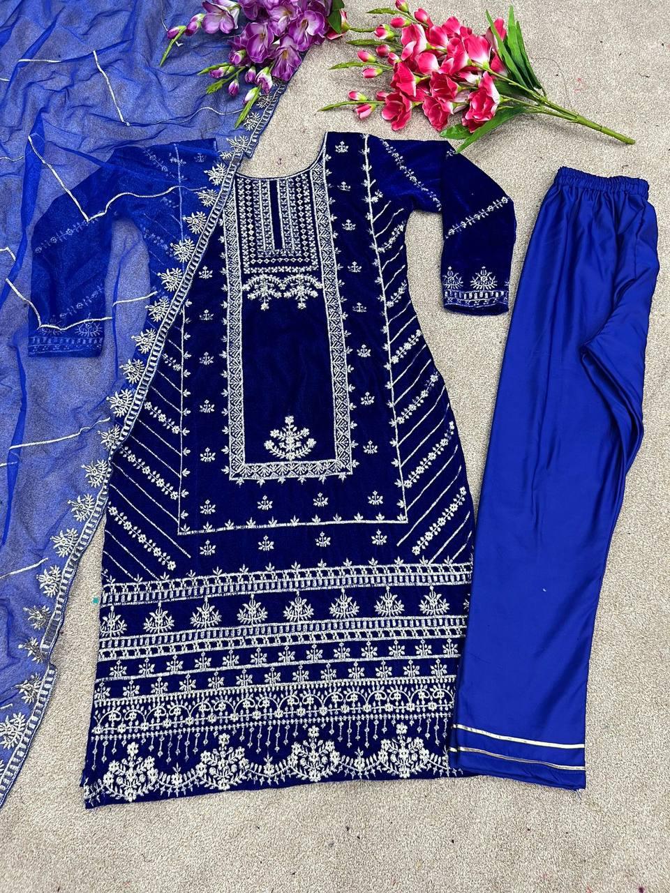 Royal Blue Velvet Embroidery Salwar Suit with Dupatta - Indiakreations