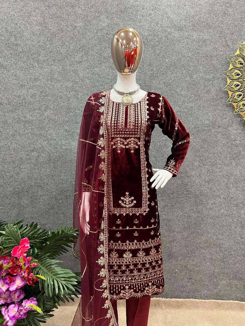 Maroon Velvet Embroidery Salwar Suit with Dupatta - Indiakreations