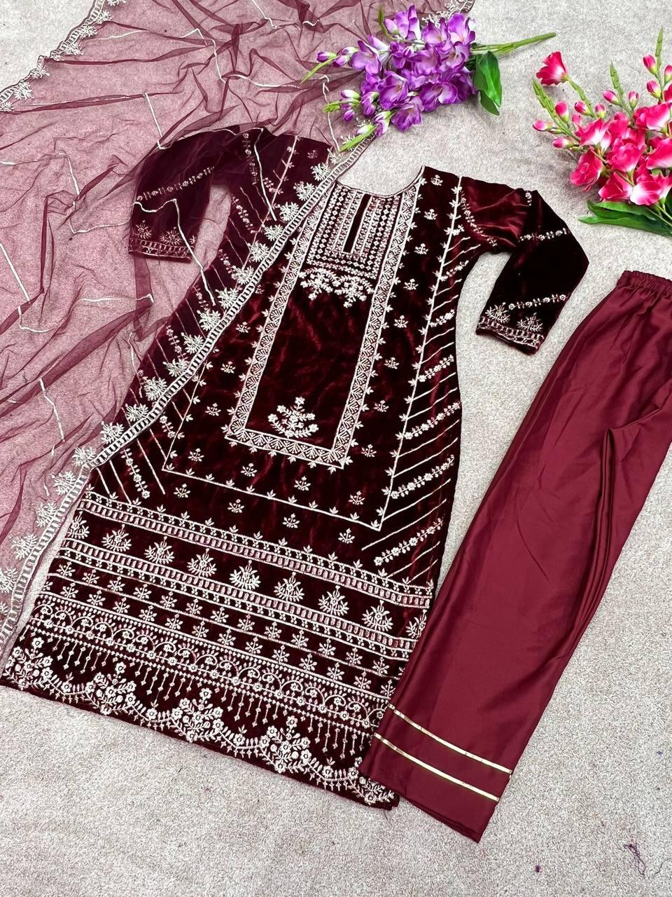 Maroon Velvet Embroidery Salwar Suit with Dupatta - Indiakreations