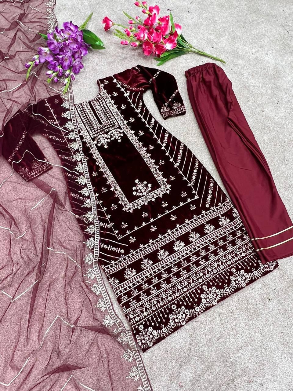 Maroon Velvet Embroidery Salwar Suit with Dupatta - Indiakreations