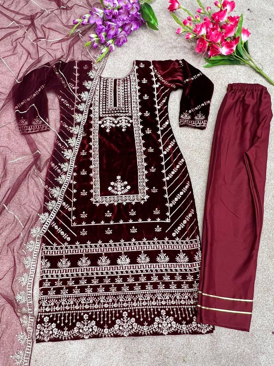 Maroon Velvet Embroidery Salwar Suit with Dupatta - Indiakreations