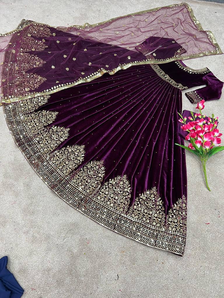 Wine Purple Velvet Embroidery Salwar Suit with Dupatta - Indiakreations