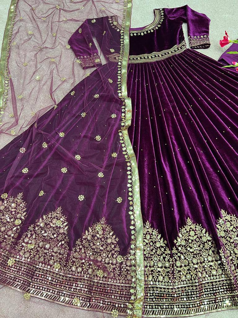 Wine Purple Velvet Embroidery Salwar Suit with Dupatta - Indiakreations