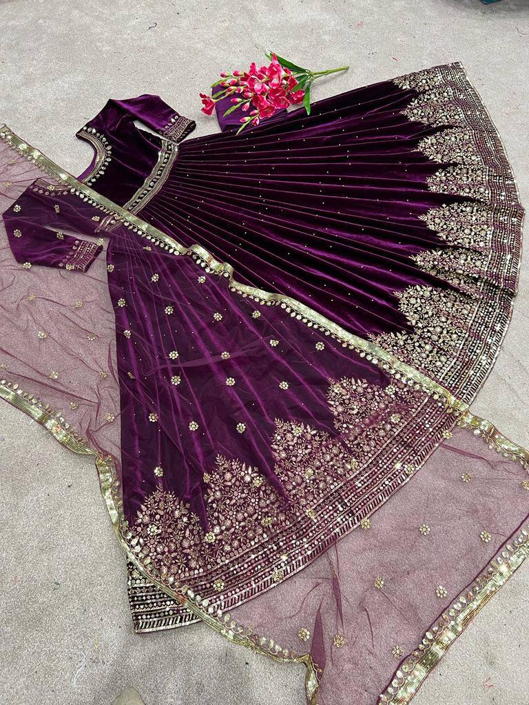 Wine Purple Velvet Embroidery Salwar Suit with Dupatta - Indiakreations