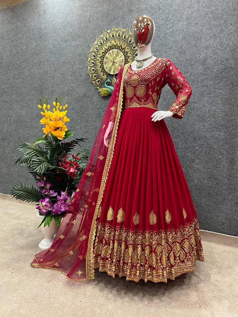 Red Georgette Embroidery Salwar Suit with Dupatta - Indiakreations