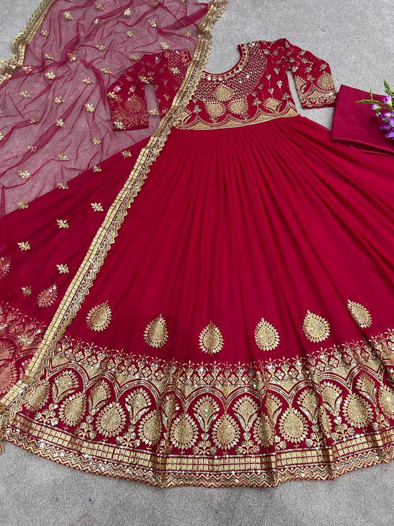 Red Georgette Embroidery Salwar Suit with Dupatta - Indiakreations