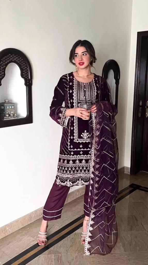 Wine Purple Velvet Embroidery Salwar Suit with Dupatta - Indiakreations