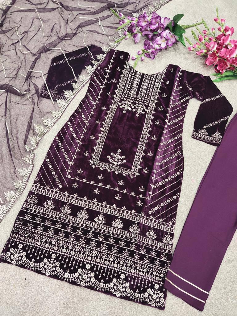 Wine Purple Velvet Embroidery Salwar Suit with Dupatta - Indiakreations