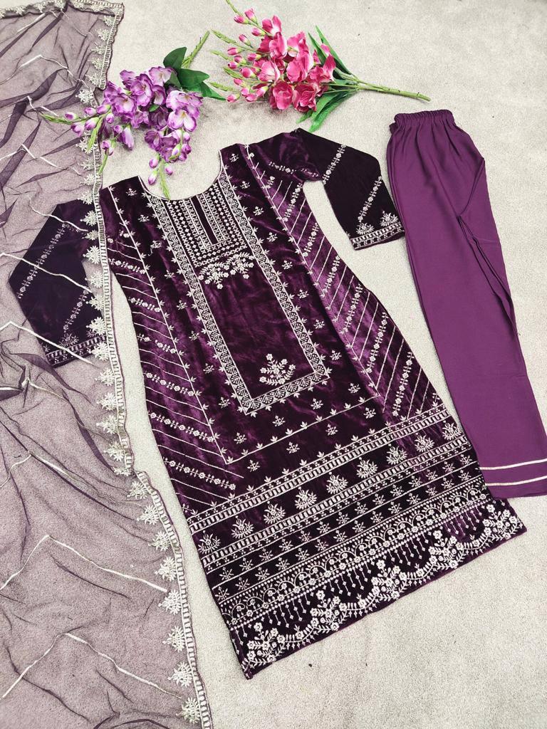 Wine Purple Velvet Embroidery Salwar Suit with Dupatta - Indiakreations