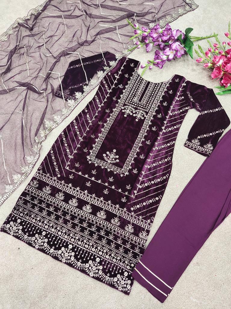 Wine Purple Velvet Embroidery Salwar Suit with Dupatta - Indiakreations