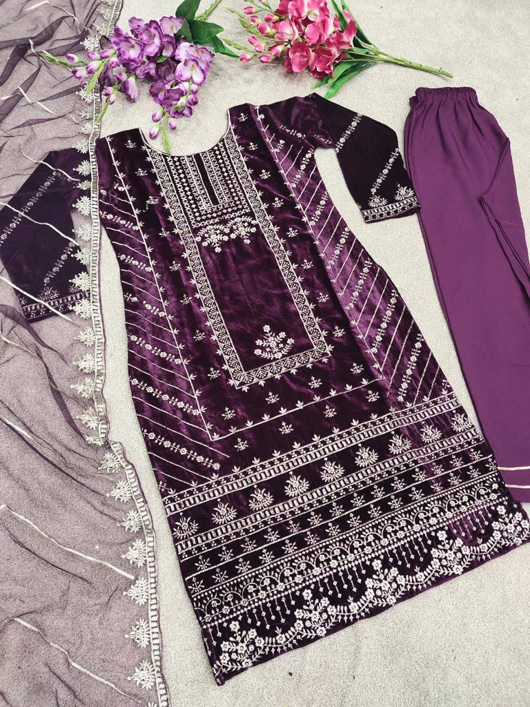 Wine Purple Velvet Embroidery Salwar Suit with Dupatta - Indiakreations