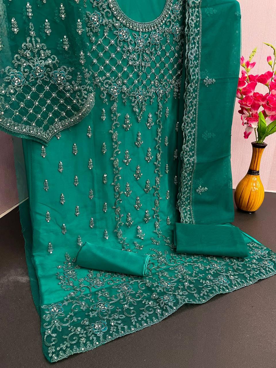 Green Net Embroidery Anarkali With Dupatta Set - Indiakreations