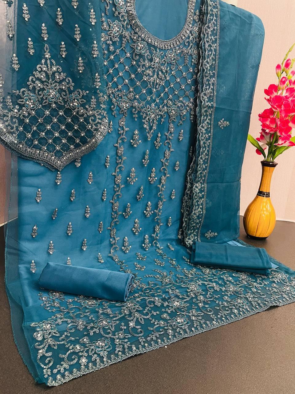 Blue Net Embroidery Anarkali With Dupatta Set - Indiakreations