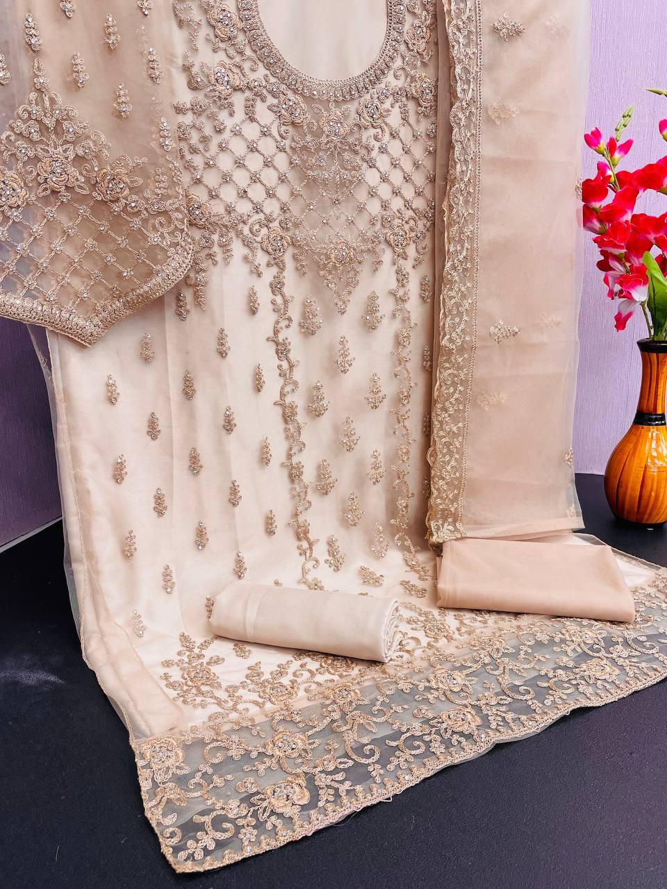 Beige Net Embroidery Anarkali With Dupatta Set - Indiakreations