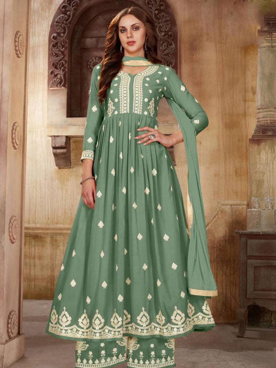 Green Georgette Embroidery Anarkali with Dupatta Set - Indiakreations