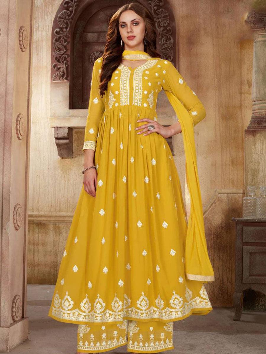 Yellow Georgette Embroidery Anarkali with Dupatta Set - Indiakreations