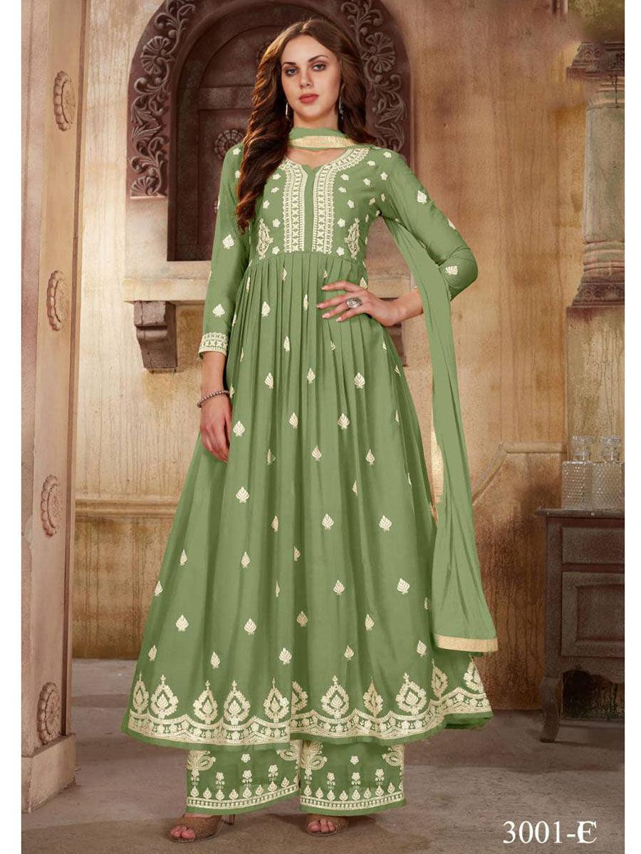 Parrot Green Georgette Embroidery Anarkali with Dupatta Set - Indiakreations