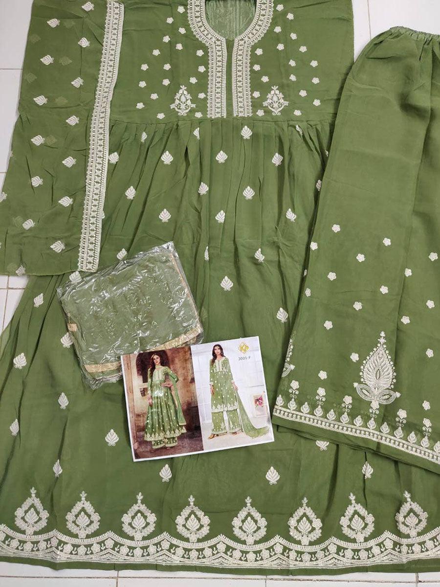 Parrot Green Georgette Embroidery Anarkali with Dupatta Set - Indiakreations