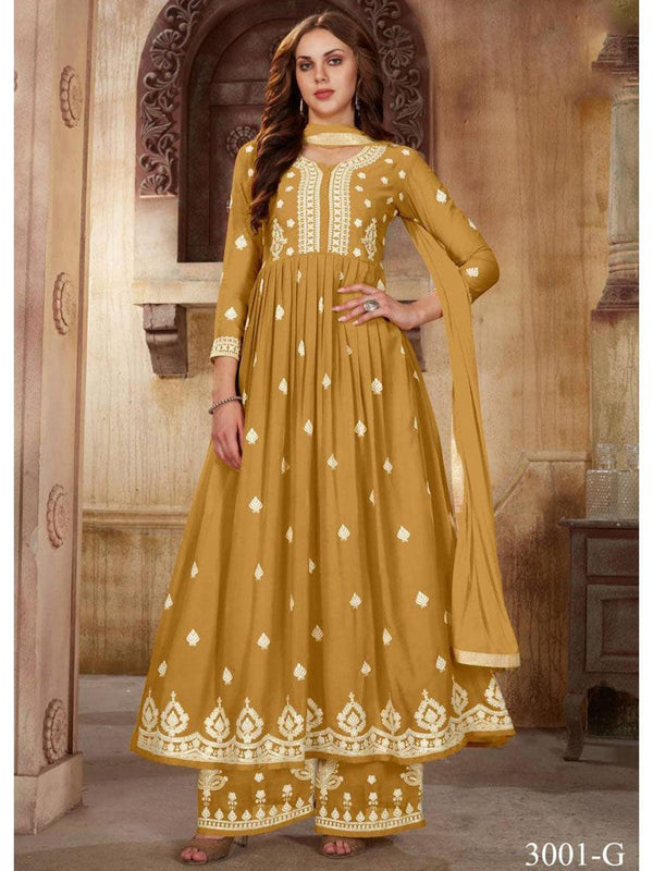 Ochre Yellow Georgette Embroidery Anarkali with Dupatta Set - Indiakreations