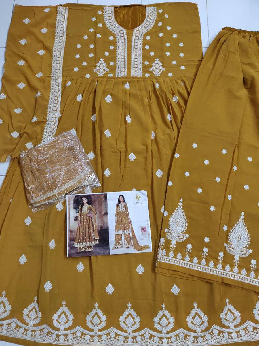 Ochre Yellow Georgette Embroidery Anarkali with Dupatta Set - Indiakreations