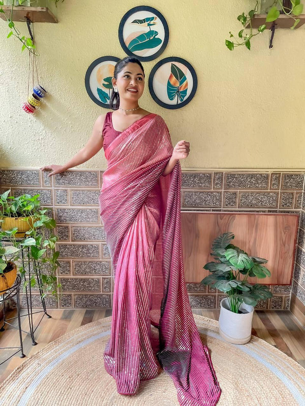 Dusty Pink Ombre Chinnon Padding Premium Sequins Saree - Indiakreations