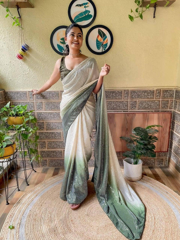 Off White Ombre Chinnon Padding Premium Sequins Saree - Indiakreations