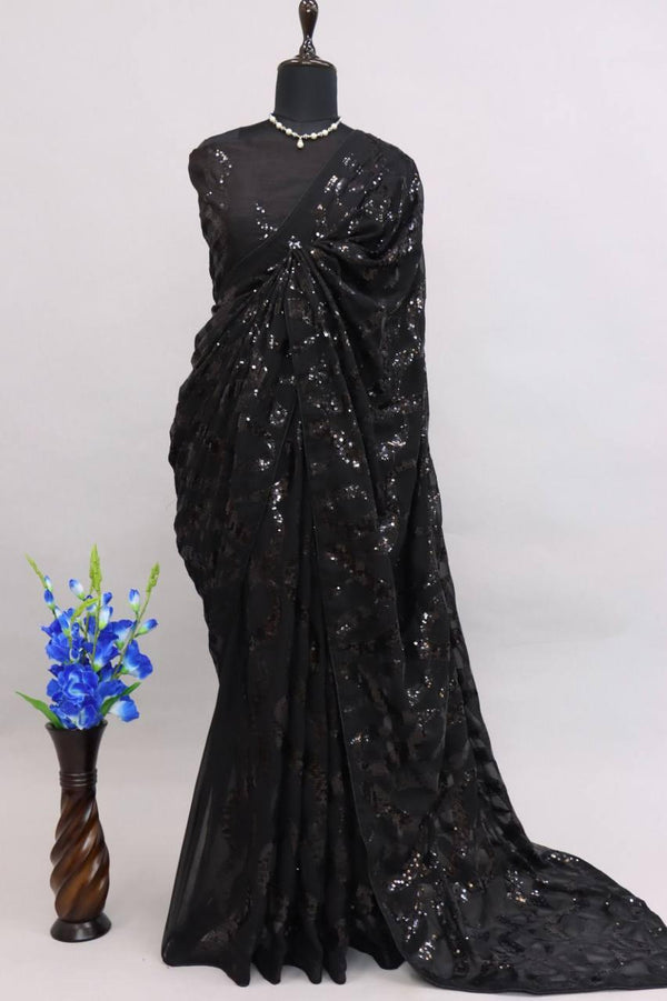 Black Georgette Premium Sequins Saree - Indiakreations