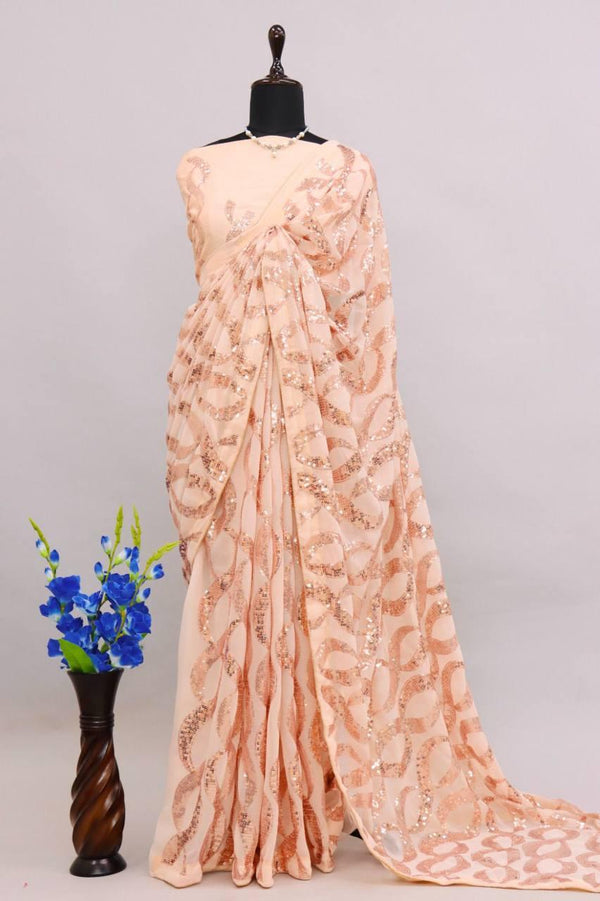 Peach Georgette Premium Sequins Saree - Indiakreations