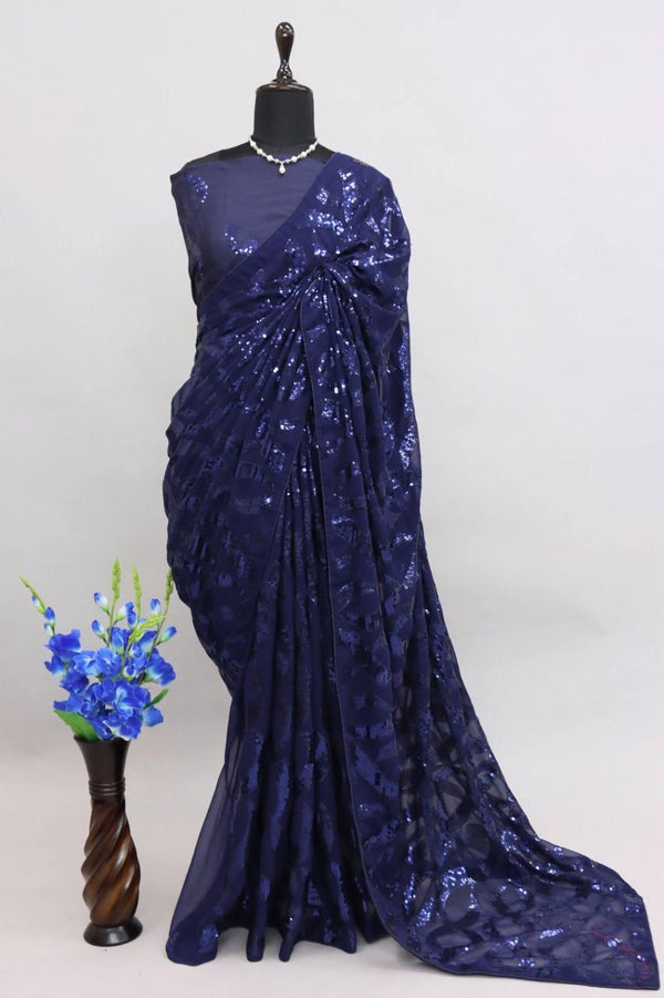 Navy Blue Georgette Premium Sequins Saree - Indiakreations