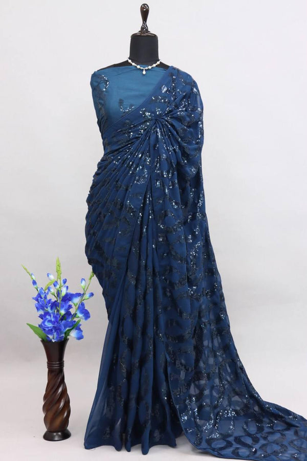 Blue Georgette Premium Sequins Saree - Indiakreations