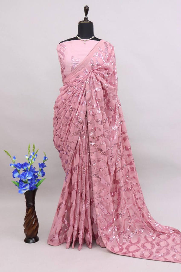 Dusty Pink Georgette Premium Sequins Saree - Indiakreations