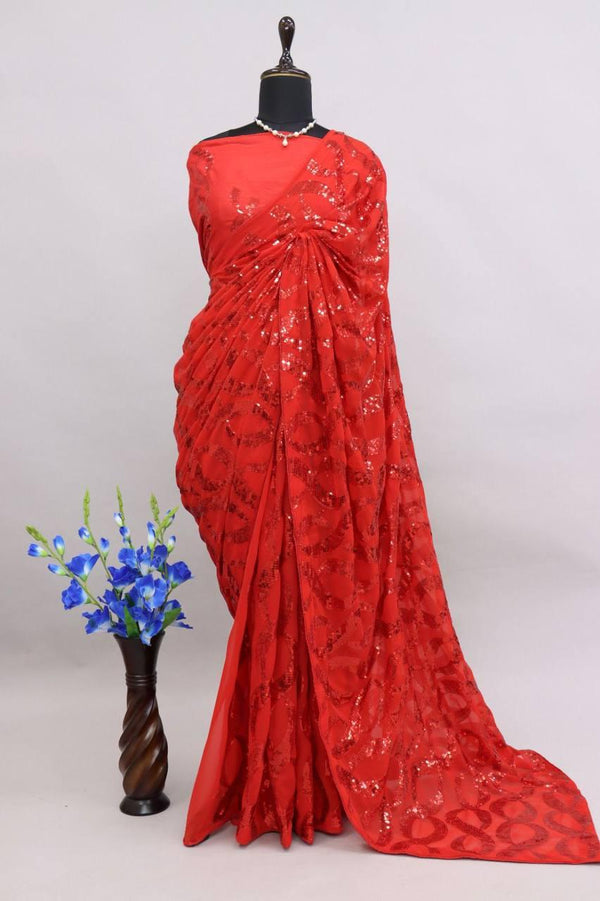 Red Georgette Premium Sequins Saree - Indiakreations