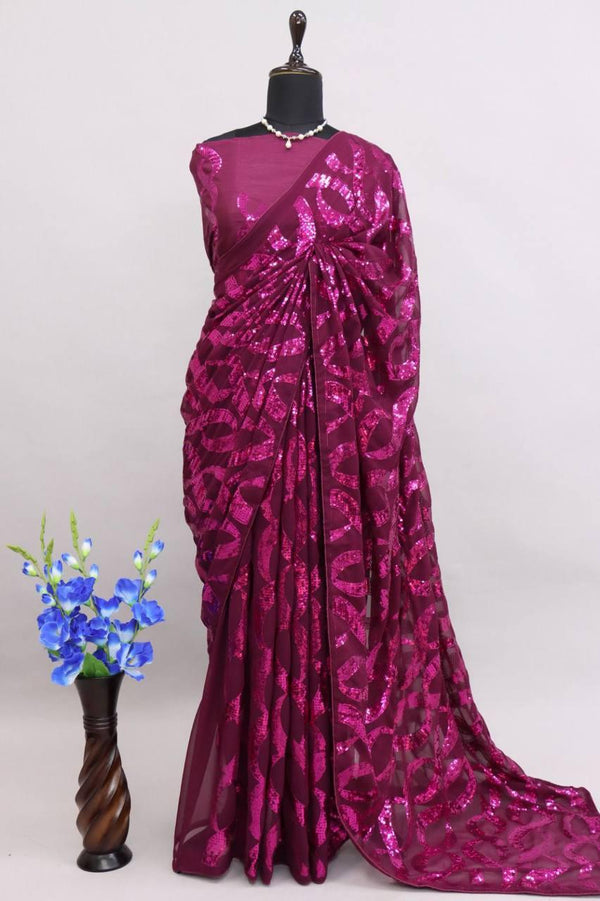 Wine Georgette Premium Sequins Saree - Indiakreations