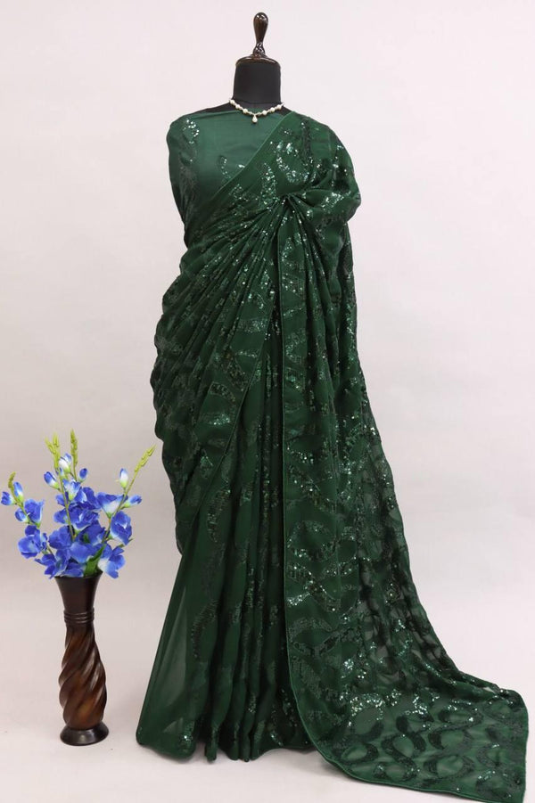 Green Georgette Premium Sequins Saree - Indiakreations