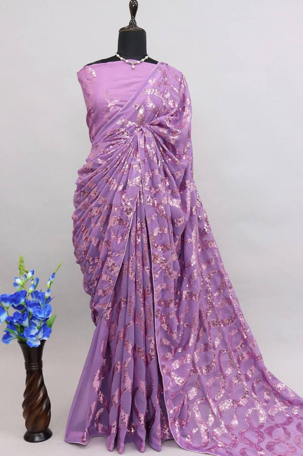 Mauve Purple Georgette Premium Sequins Saree - Indiakreations