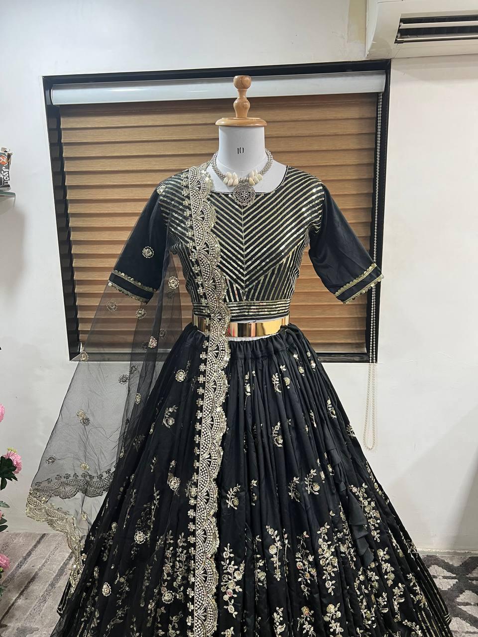 Black Taffeta Silk Embroidery Lehenga Choli with Dupatta - Indiakreations