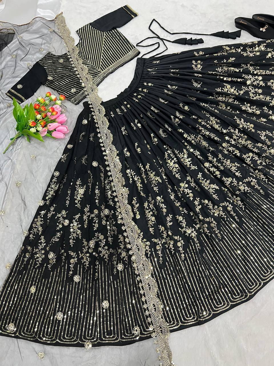 Black Taffeta Silk Embroidery Lehenga Choli with Dupatta - Indiakreations