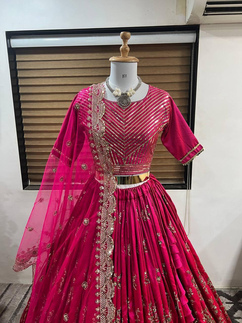 Pink Taffeta Silk Embroidery Lehenga Choli with Dupatta - Indiakreations