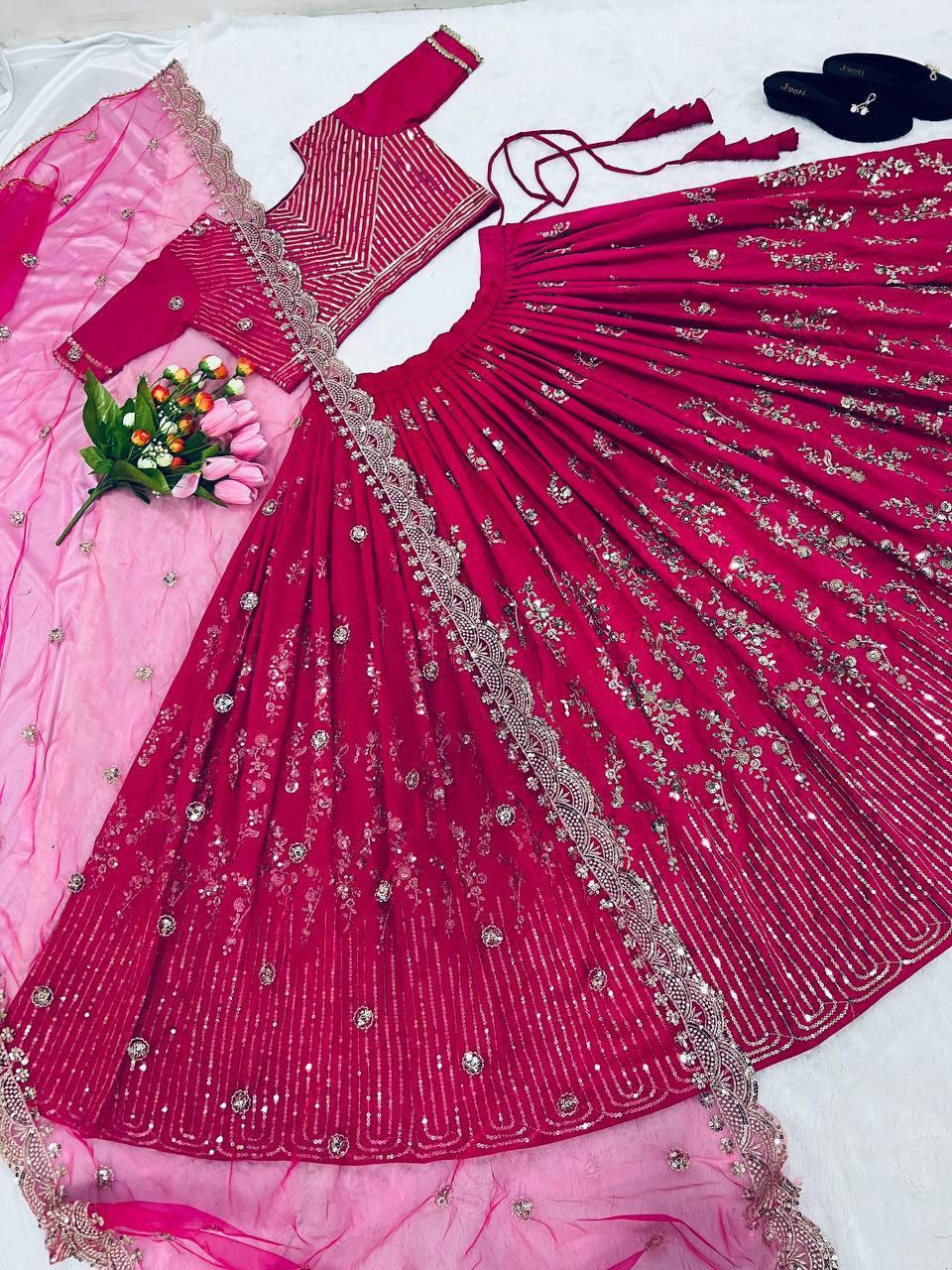 Pink Taffeta Silk Embroidery Lehenga Choli with Dupatta - Indiakreations