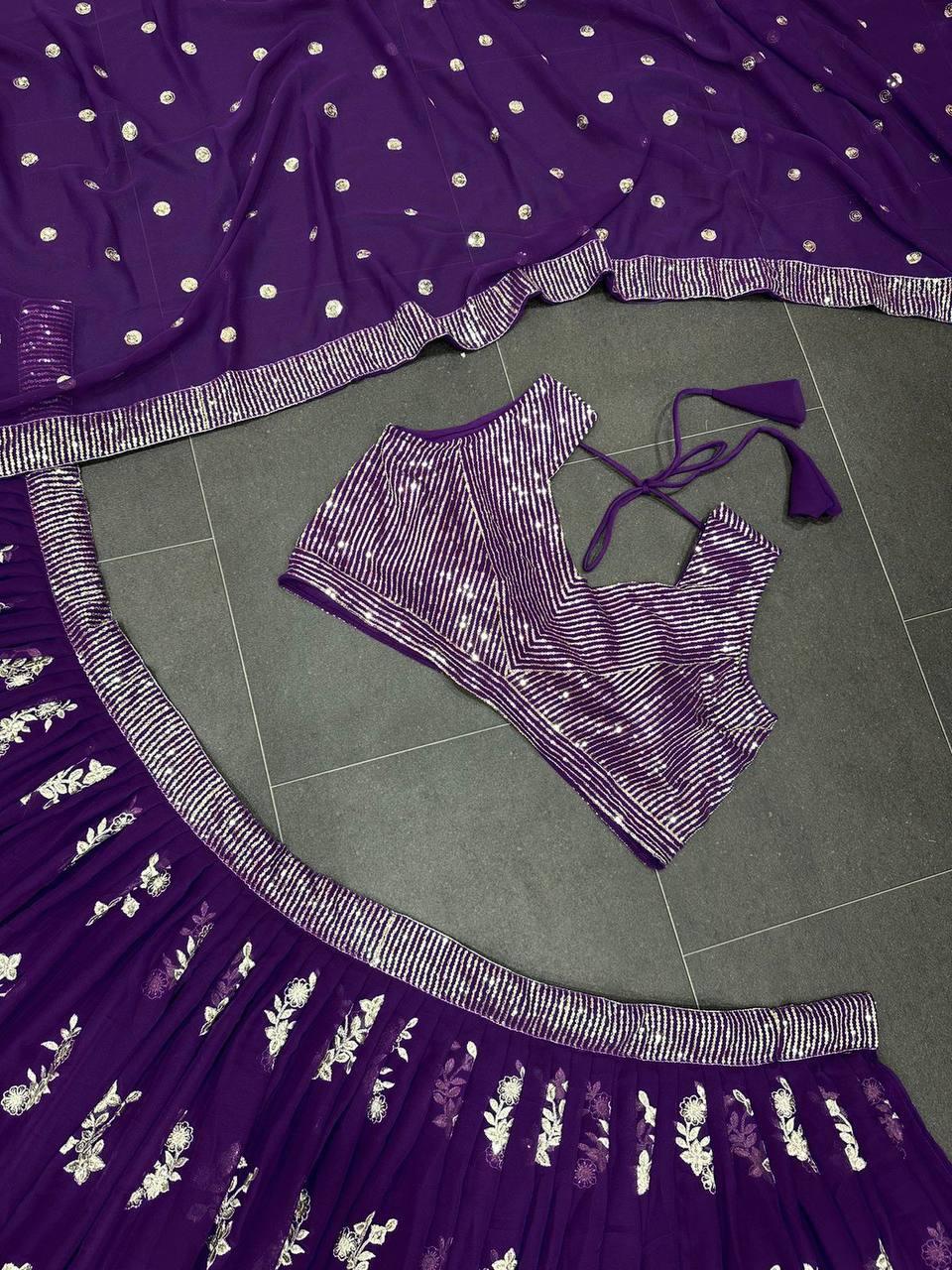 Violet Georgette Embroidery Lehenga Choli with Dupatta - Indiakreations