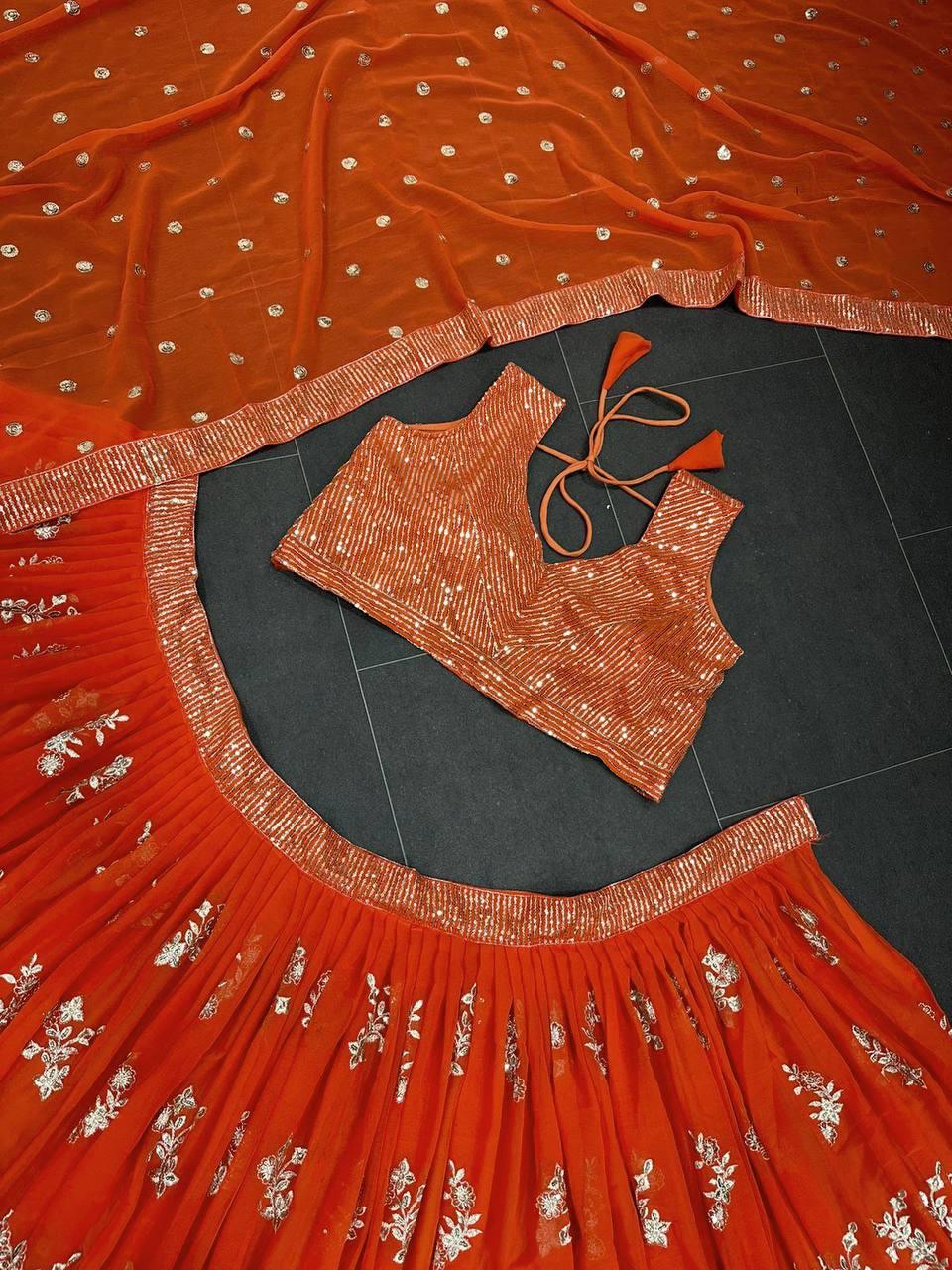 Orange Georgette Embroidery Lehenga Choli with Dupatta - Indiakreations