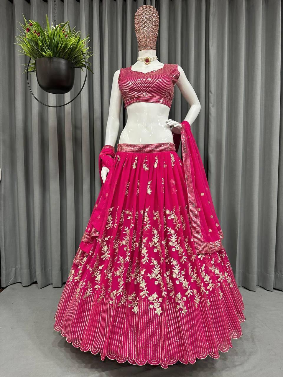 Pink Georgette Embroidery Lehenga Choli with Dupatta - Indiakreations