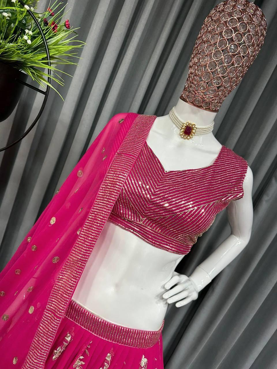 Pink Georgette Embroidery Lehenga Choli with Dupatta - Indiakreations