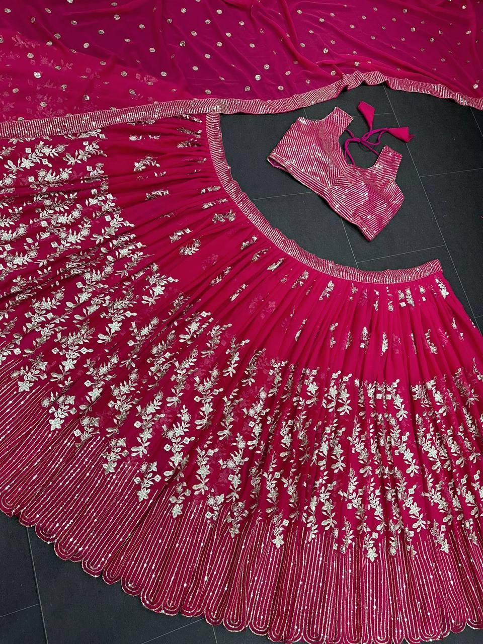 Pink Georgette Embroidery Lehenga Choli with Dupatta - Indiakreations