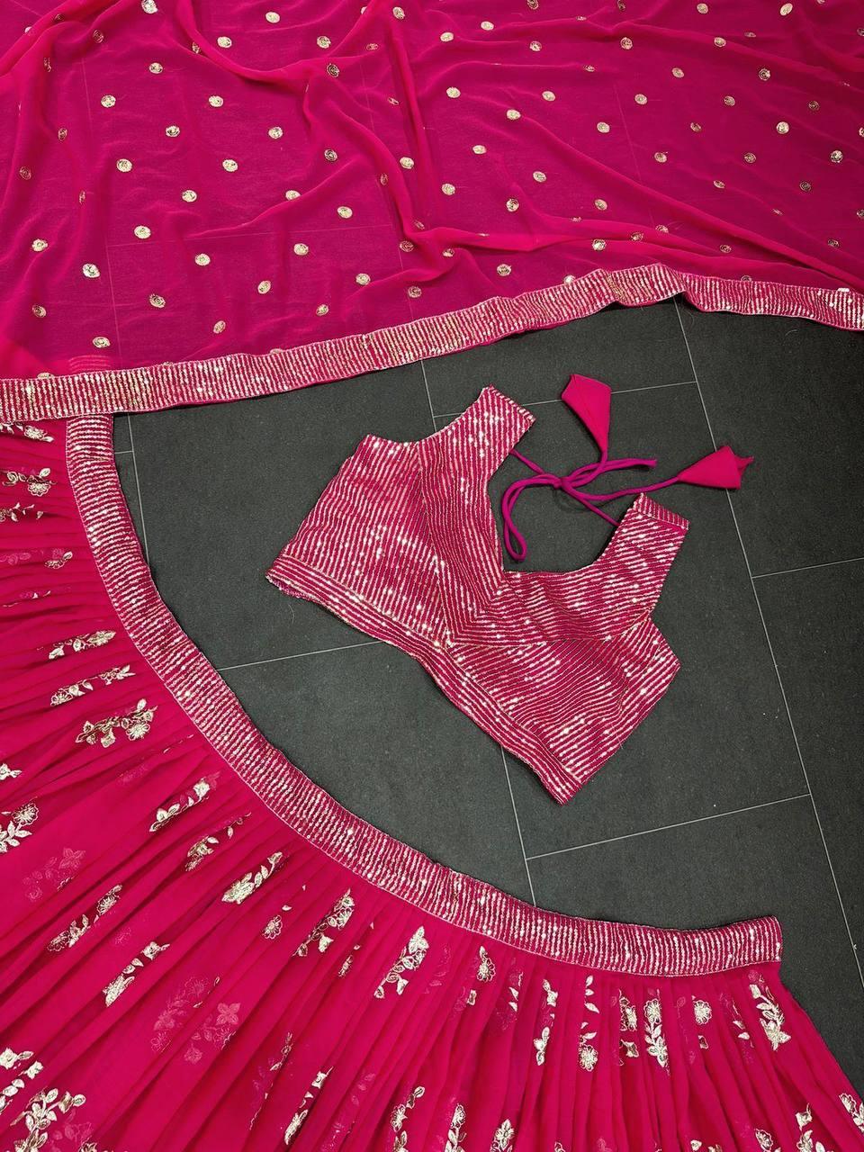 Pink Georgette Embroidery Lehenga Choli with Dupatta - Indiakreations