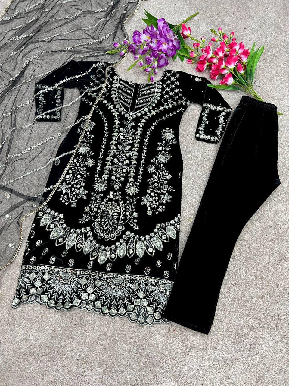 Black Velvet Embroidery Salwar Suit with Dupatta - Indiakreations